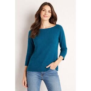 Lusso Cashmere Sweater Women Medium Teal Blue 100% Cashmere 3/4 Sleeve Knit